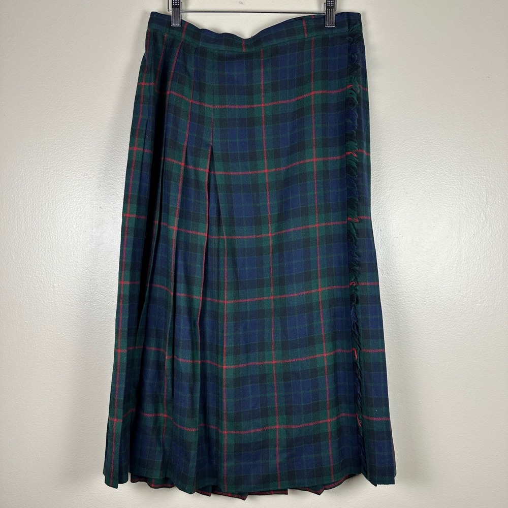 Talbots Women's 16 Skirt Green Plaid Worsted Wool Pleated Wrap Fringe Midi